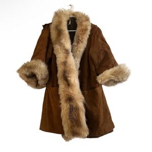 Vintage Saks Fifth Avenue Red Fox Fur Trim Suede Coat Brown Bell Sleeve